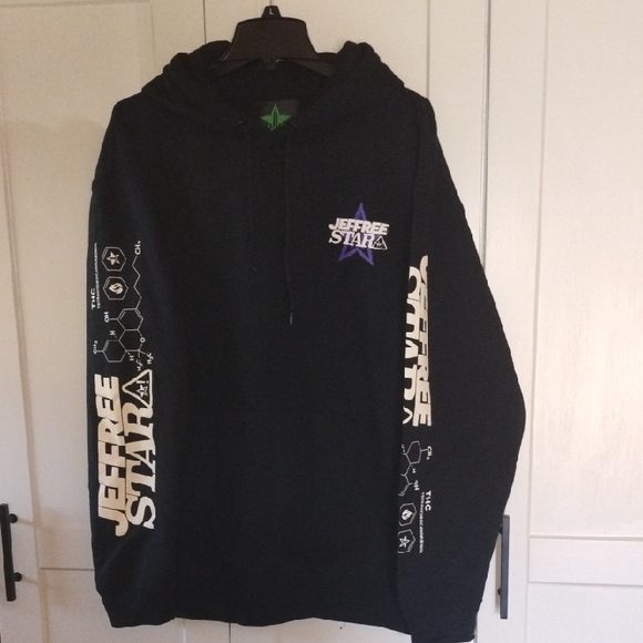 Jeffree Star Tops - Jeffree Star Black Hoodie with White Sleeve Graphics and Purple Logo